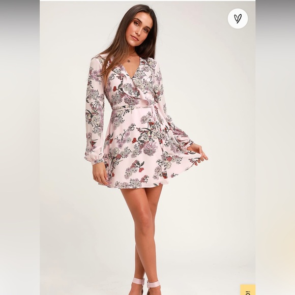 Lulu’s What a Time Pink Floral Print Long Sleeve Wrap Dress - Picture 3 of 4